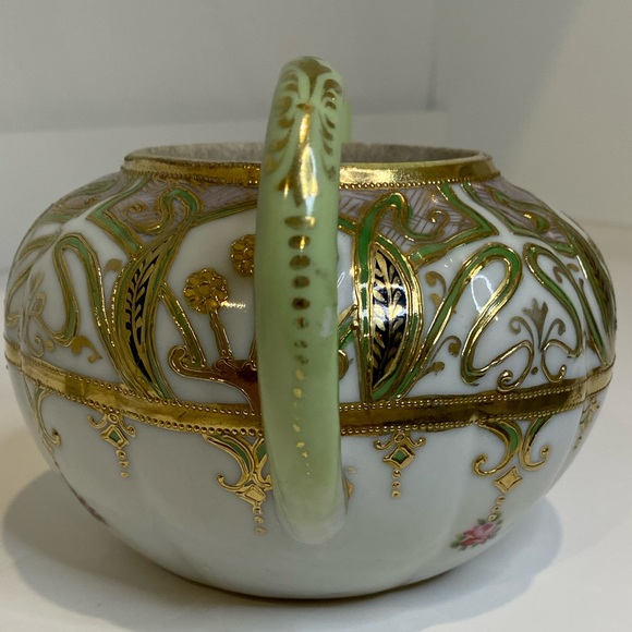 EUC Antique Nippon Hand Painted Moriage Style Teapot Gold Green Pink Black - Picture 4 of 13